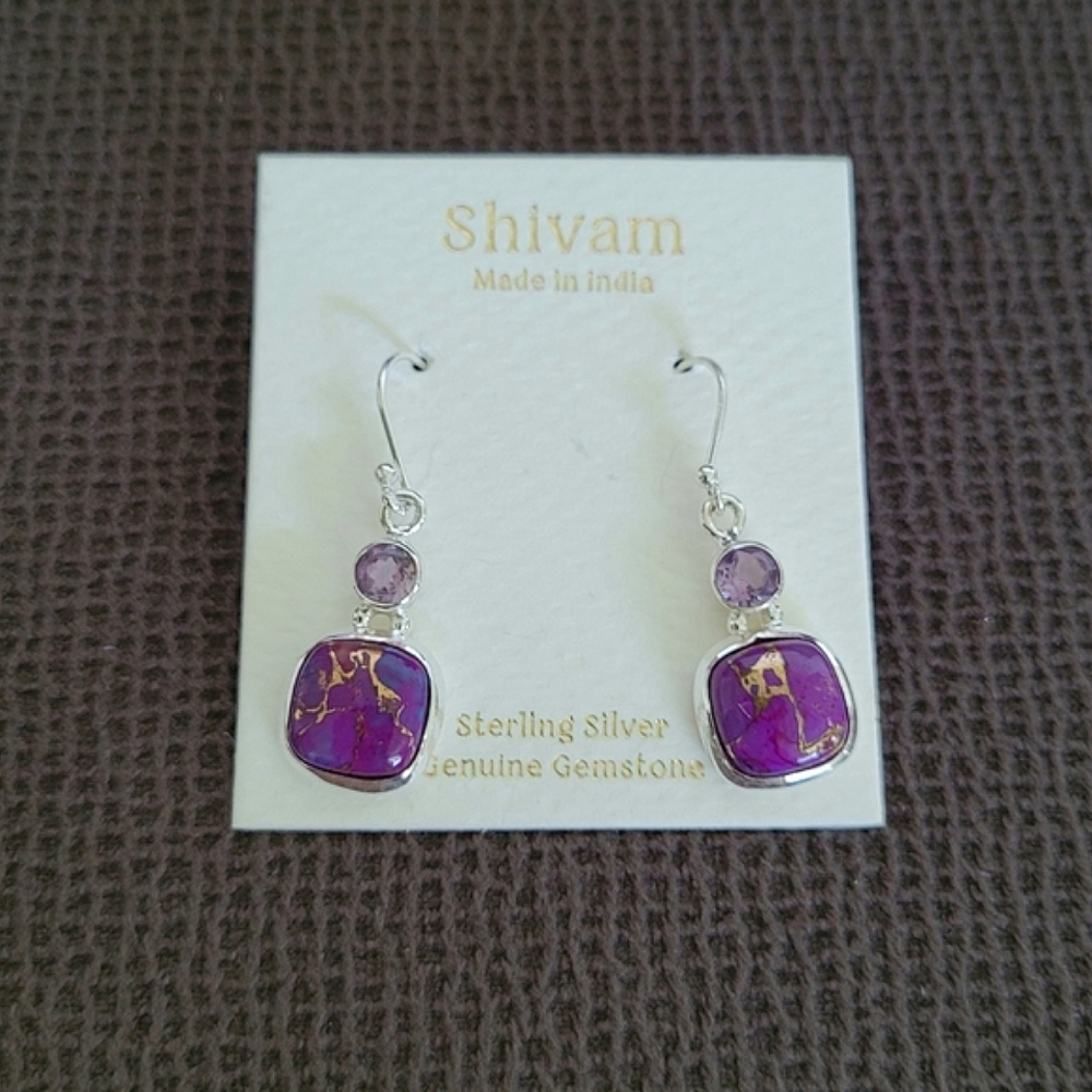 Shivam Square Shaped Purple💜 Copper Turquoise With Gold💛 Veins Earrings - Picture 12 of 16